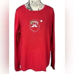 Holiday Editions Festive Christmas Embroidered/Beaded Santa Red Top Size L